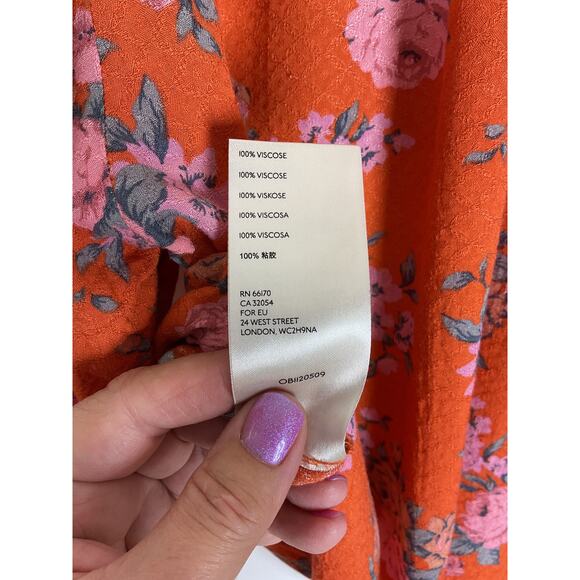 Free People Celia Floral Print Tie Front Button Up Short Sleeve Blouse Orange L - Picture 9 of 9
